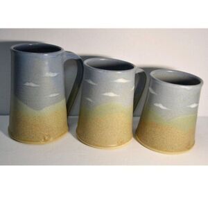 Vintage GK Pottery Set Of 3 Mugs Graduating Sizes Clouds In Sky Design Beach